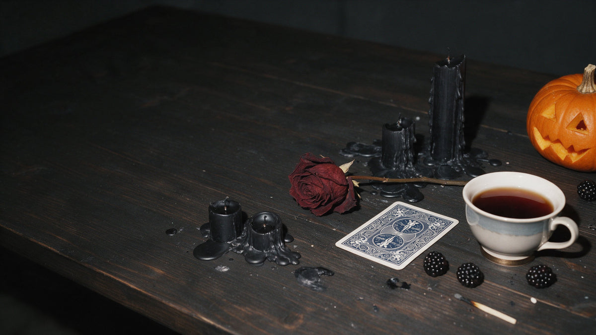 Mesa después de la noche de Halloween con velas negras, una rosa seca y una calabaza